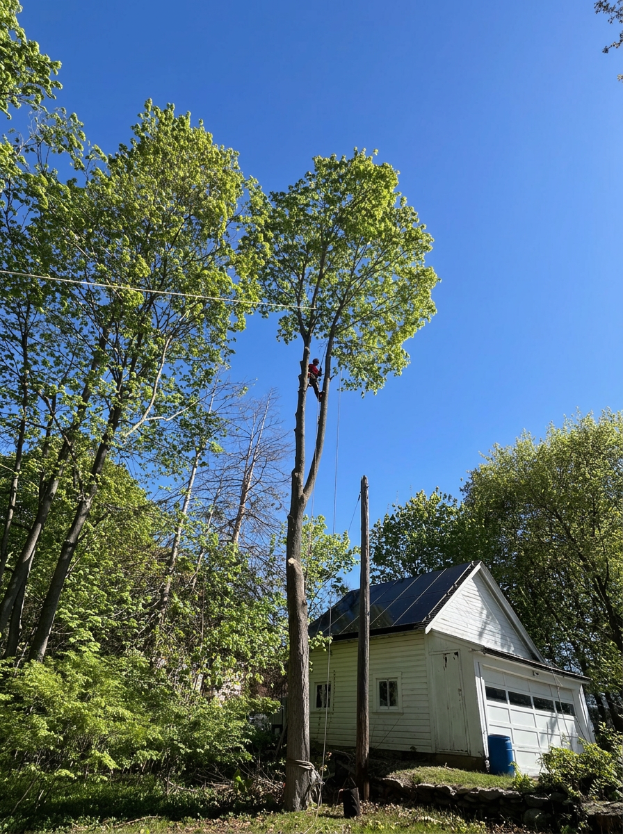 Climber roped in high on a maple beside a garage