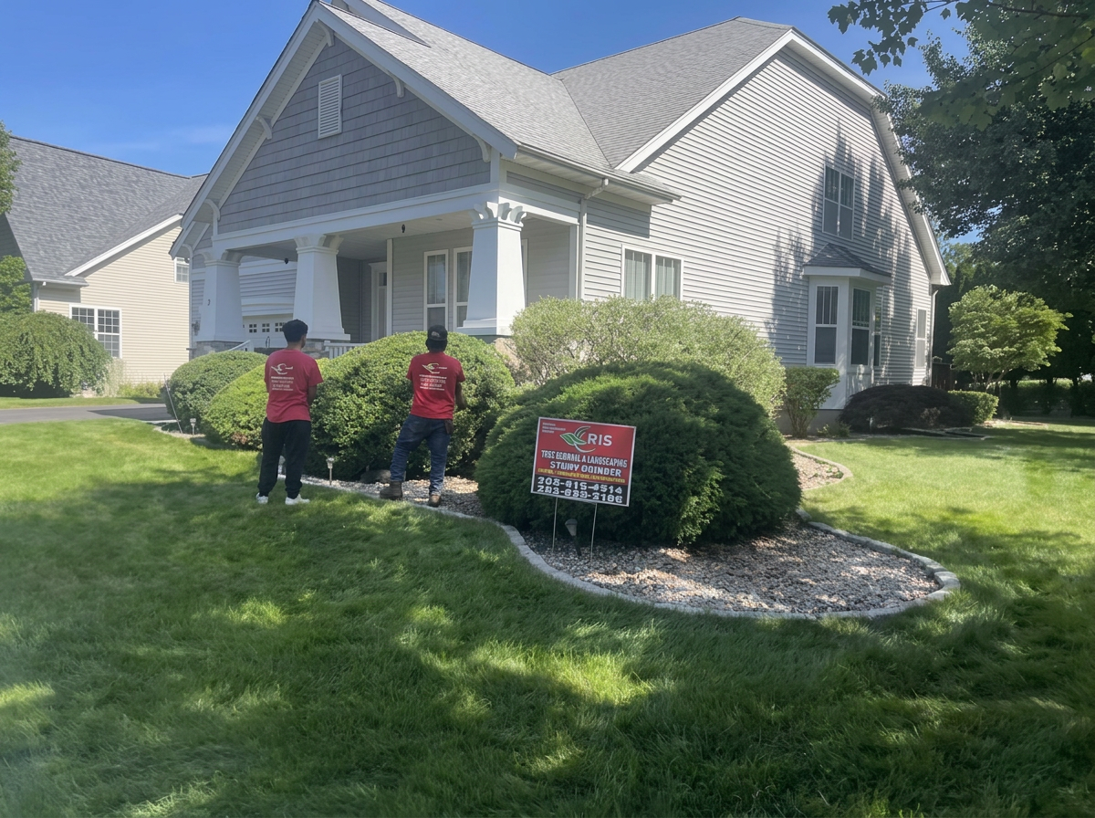 Crew shaping shrubs and beds in front of a Connecticut home