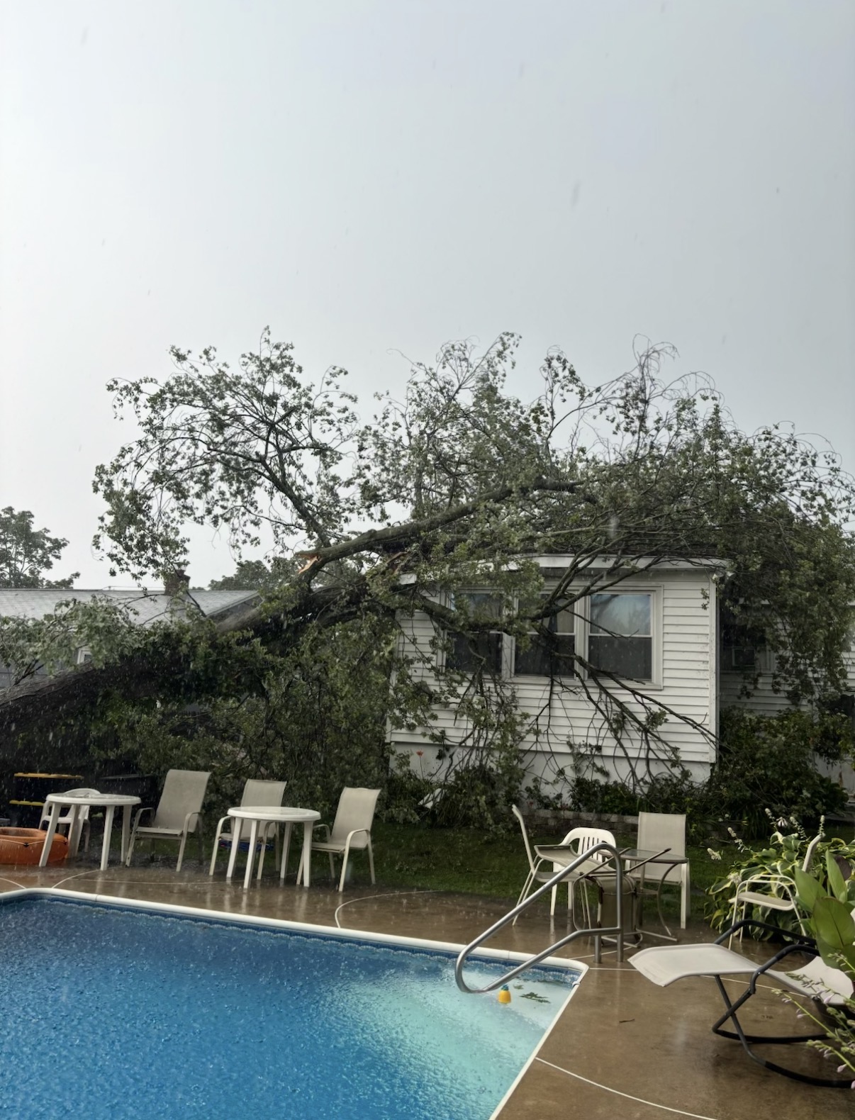 Storm-damaged tree fallen onto a home